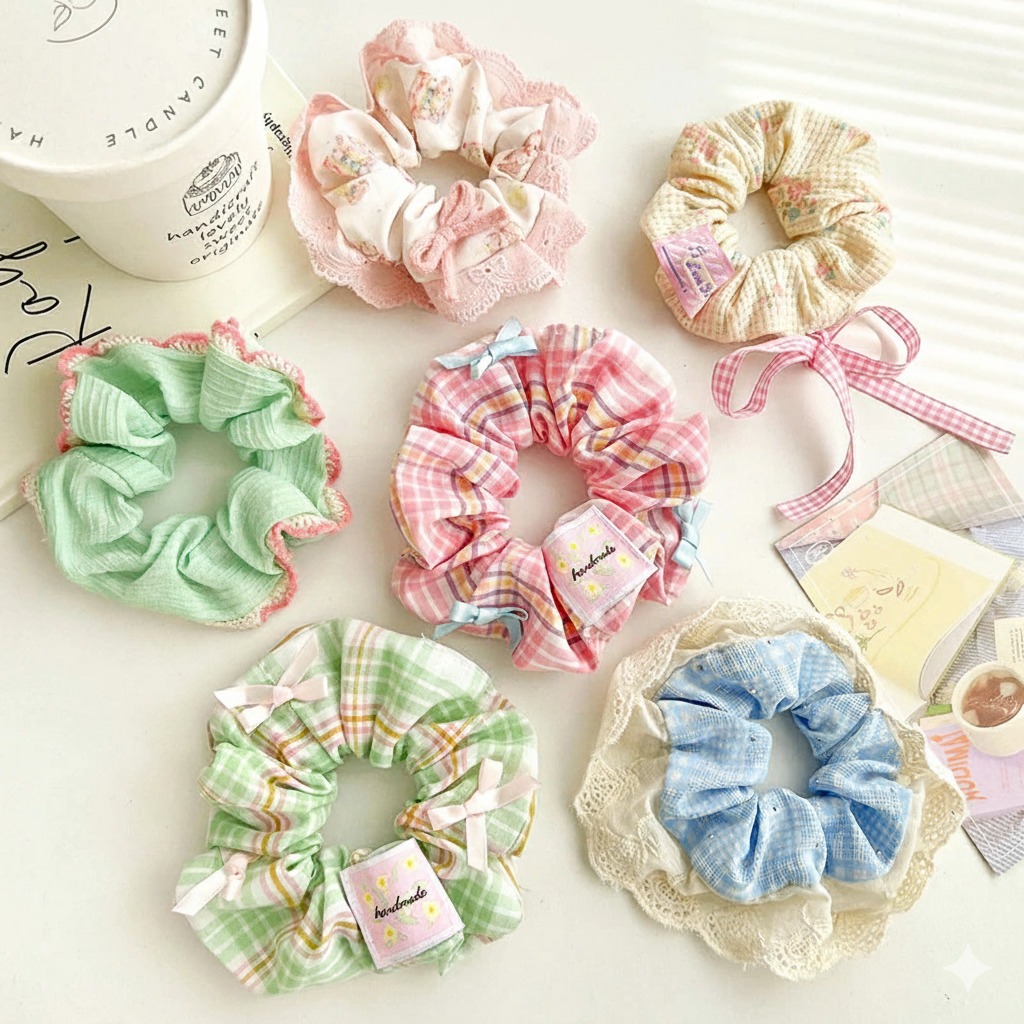 Kudsan ยางรัดผม ยางรัดผมหางม้า ลายดอกไม้ ลายสก๊อต ประดับโบว์ สีสันสดใส ความยืดหยุ่นสูง สไตล์เกาหลี แ