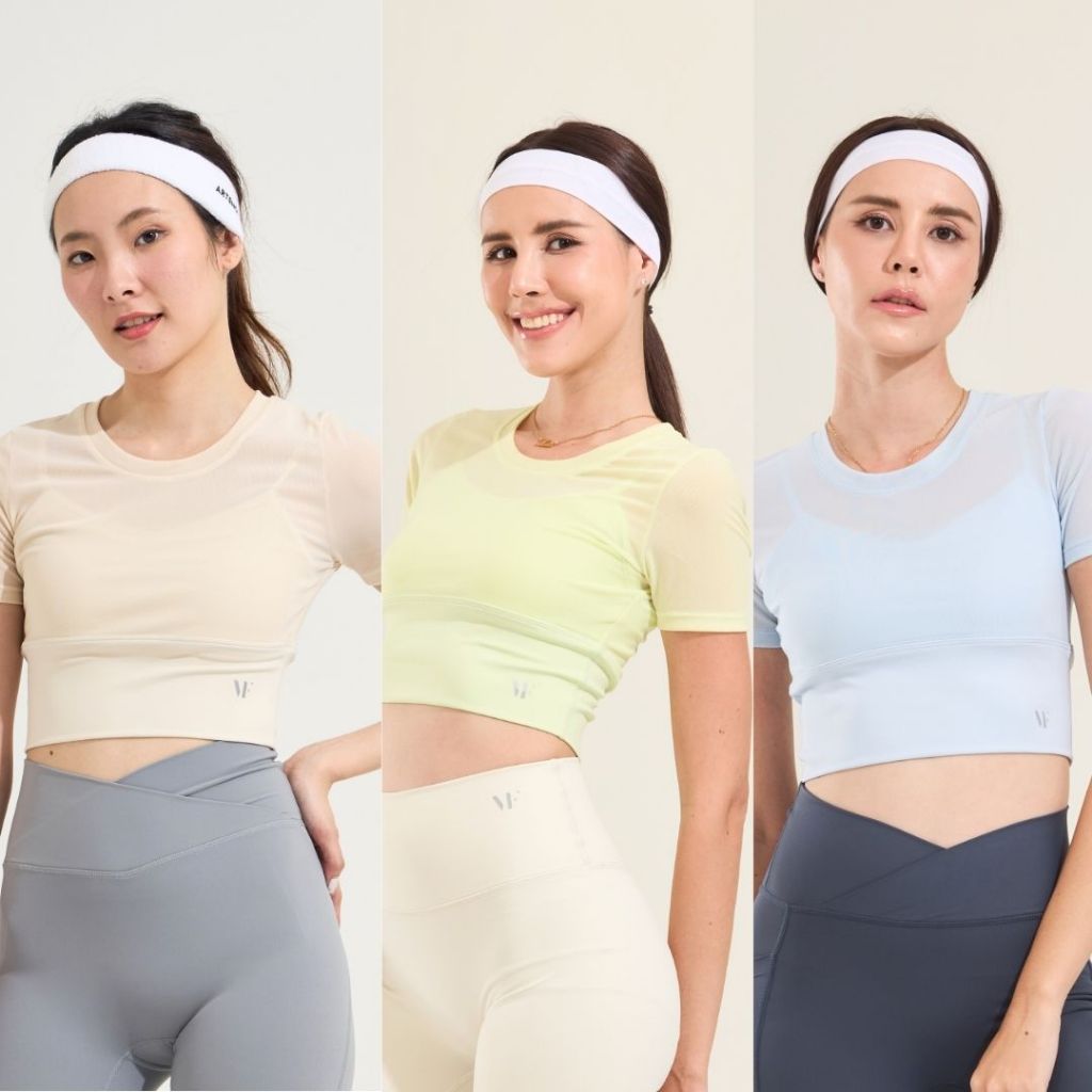 VF-Nolan Top : SportBra (สปอร์ตบรา) บรา ชุดออกกำลังกายผู้หญิง โยคะ พิลาทิส แต่งผ้าซีทรู แขนสั้น