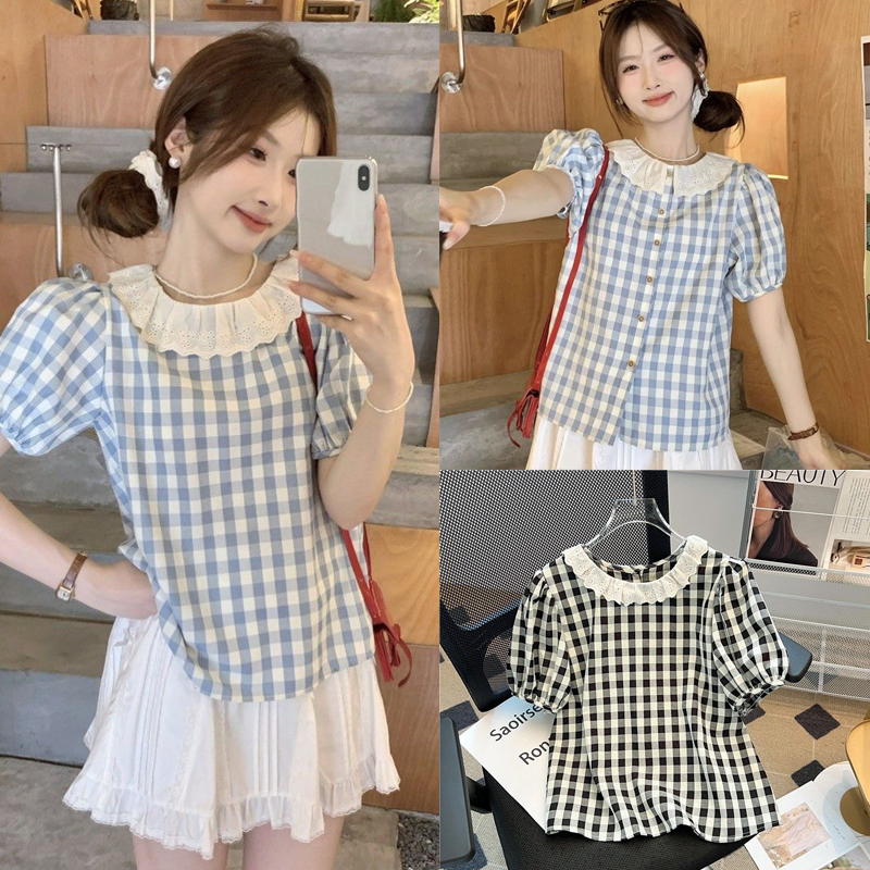 Dahong💖 99129  เสื้อเชิ้ตครอปแขนสั้นคอกลม ไม่ต้องรีด ลายสก็อต  สไตล์น่ารัก เวอร์ชั่นเกาหลี