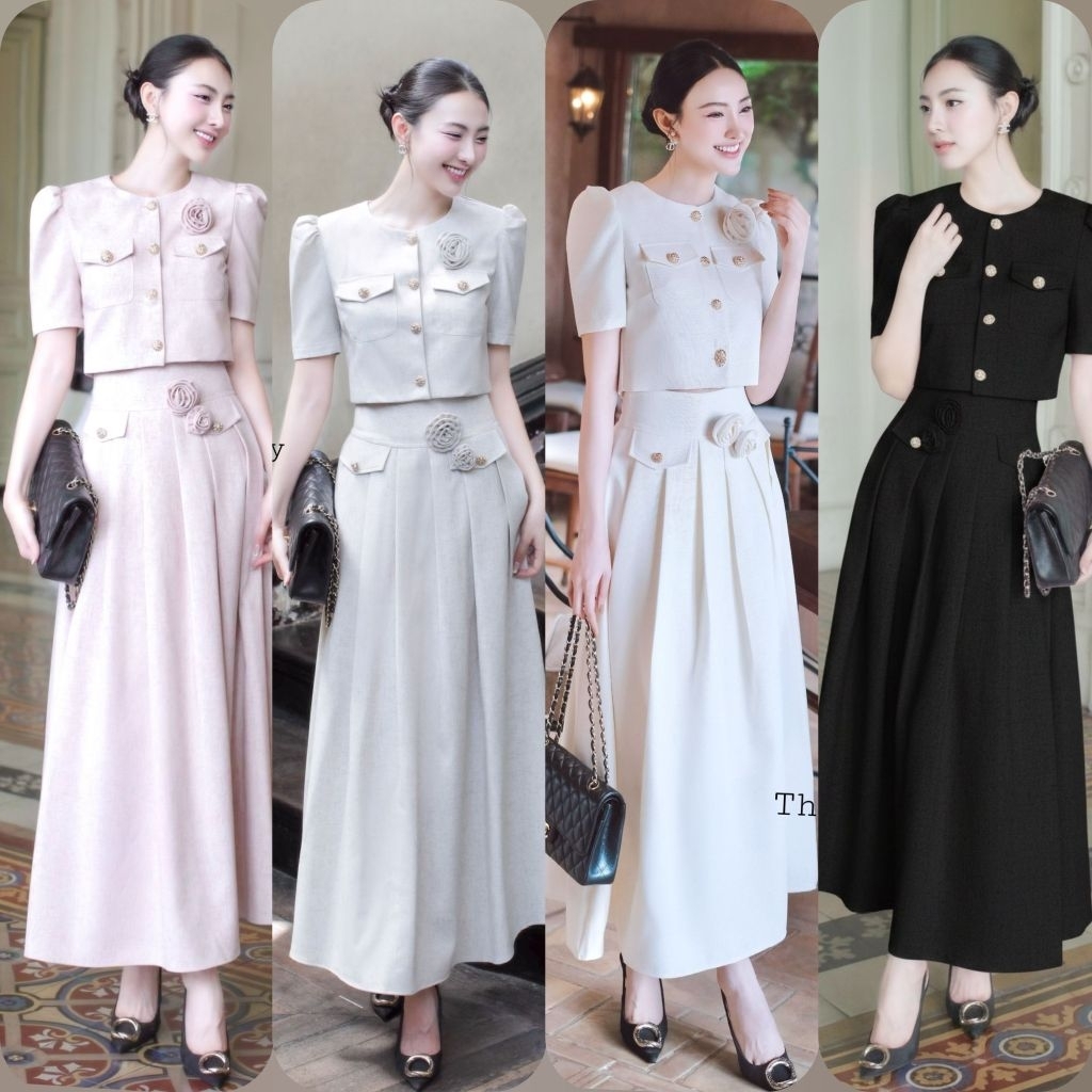 The gallery/ พร้อมส่งสีดำครบไซส์ /ชุดเซ็ตเสื้อ+กระโปรงยาว