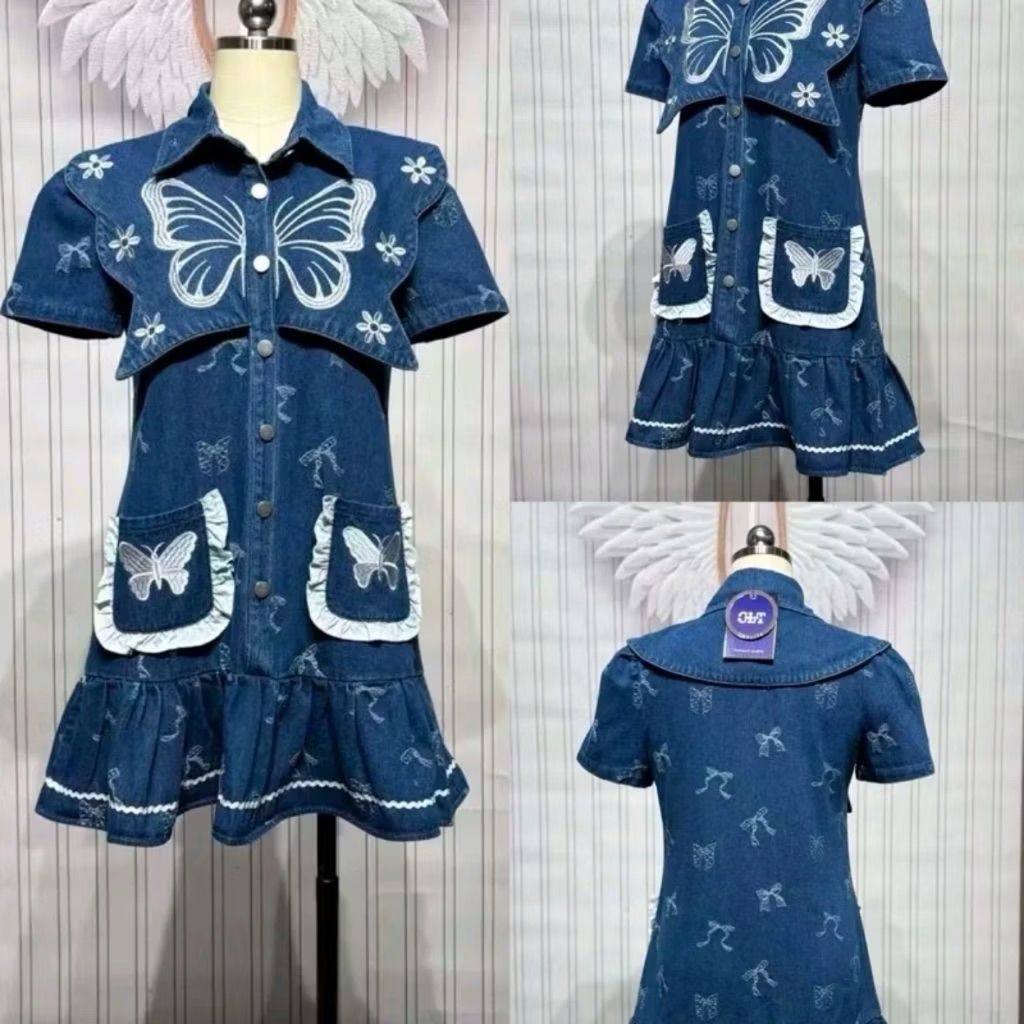 (อกตรง เอวสะโพกทรงปล่อย) เดรสยีนส์ งานปัก ผีเสื้อ งานป้าย chalita