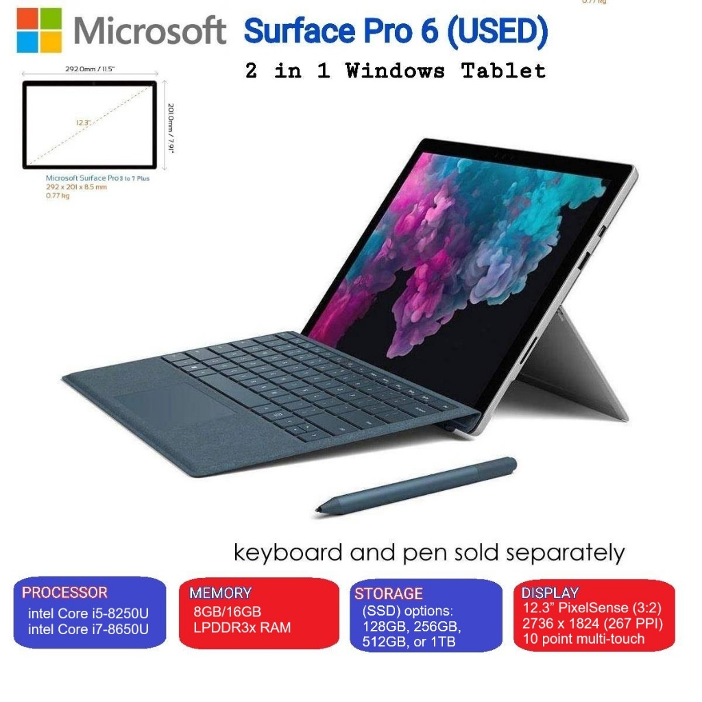 Microsoft Surface Pro 6 Core i5/ i7 Ram8GB/SSD128, 256GB (Used)