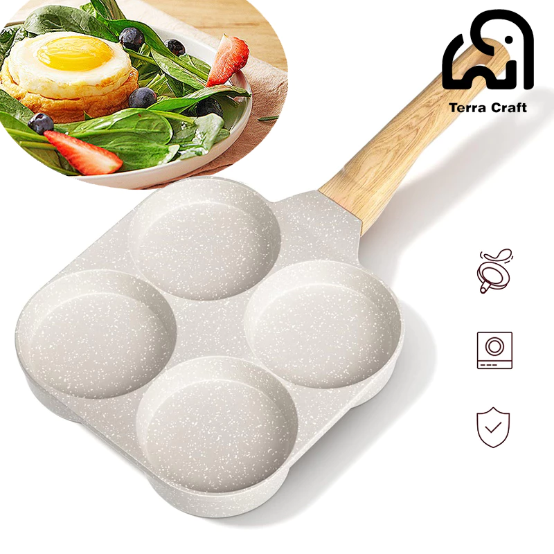 Terra Craft กระทะสี่หลุม 4in1 กระทะทอดไข่ดาว ไม่ติดกระทะ เบอร์เกอร์/ถาดไข่ กระทะ อาหารเช้า เหมาะสำหรับทุกเตา - ขาว