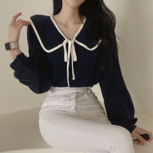 เสื้อผ้าสีดำหวานเสื้อลูกไม้ผูกหลวมฝรั่งเศสเสื้อเชิ้ตแขนยาวฤดูใบไม้ร่วง