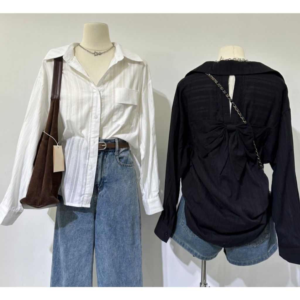 ป้าย MT.MATINEEBASIC เสื้อเชิ้ตเว้นหลังแต่งโบว์ใหญ่ อก 41 นิ้ว ยาว 24 นิ้ว