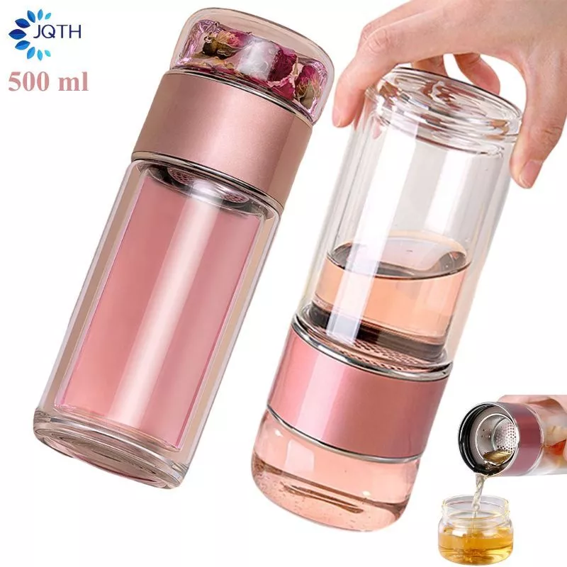 JQTG 500ml ขวดน้ำแก้วพร้อมที่กรอง,แก้วกาแฟพกพาถ้วยชาเครื่องชงกาแฟแก้วทัมเบลอแบบมีที่กรองผนังสองชั้น