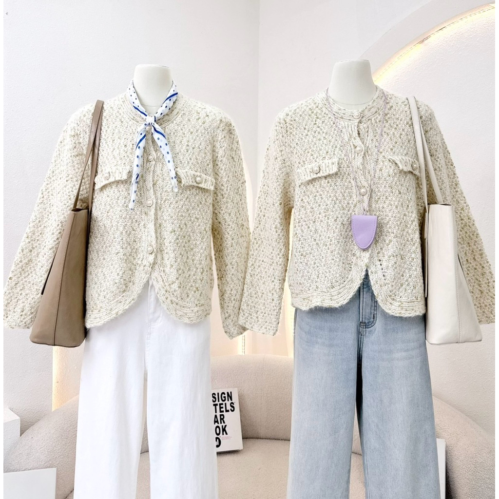 WA YA เสื้อแขนยาวผ้าถัก แต่งปลายโค้ง