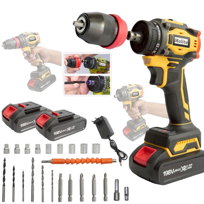 MOLITA สว่านไร้สาย สว่านไร้สายแท้ สว่านไฟฟ้าไร้สาย 198V ไขควง ไฟฟ้า สว่านไขควงไร้สาย สว่านไขควงกระแท