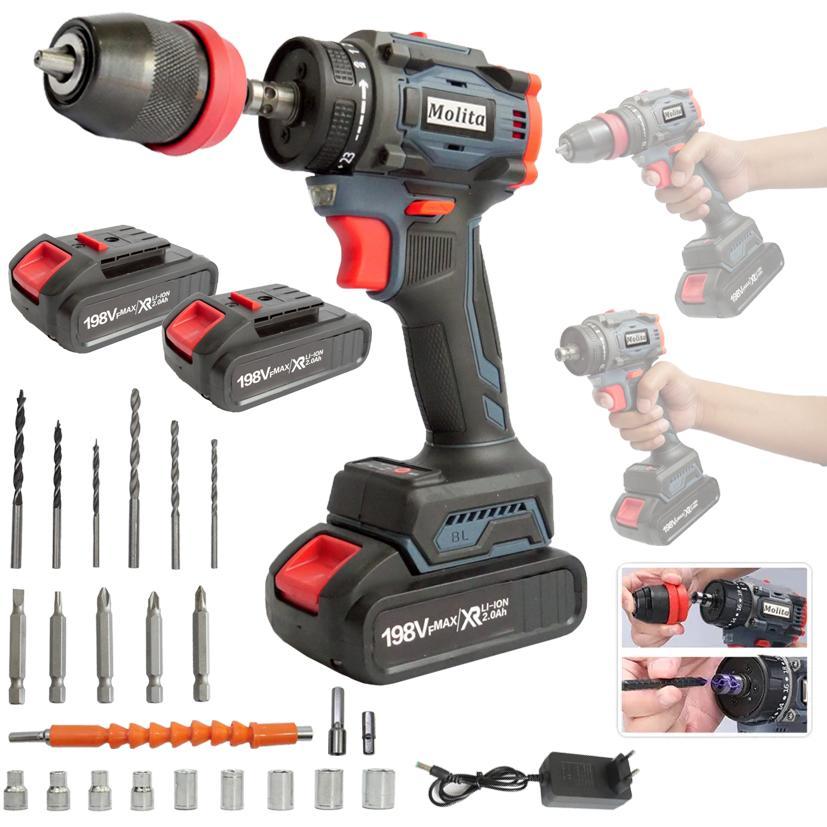 MOLITA สว่านไร้สาย สว่านไร้สายแท้ สว่านไฟฟ้าไร้สาย 198V ไขควง ไฟฟ้า สว่านไขควงไร้สาย สว่านไขควงกระแท