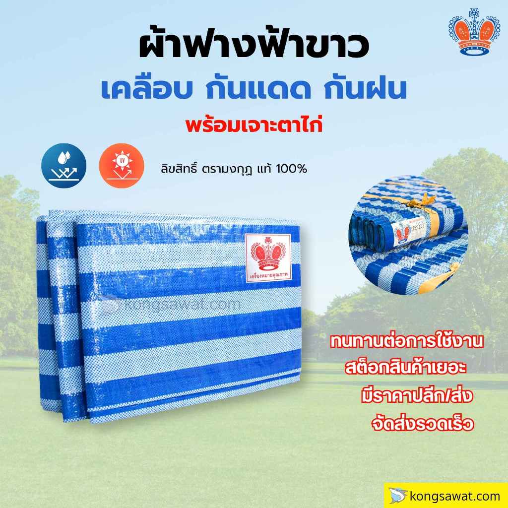 ผ้าฟาง ผ้าใบเคลือบ กันแดด ขนาด 2/3/4/5 เมตร ลายฟ้า-ขาว (มีตาไก่) Bluesheet