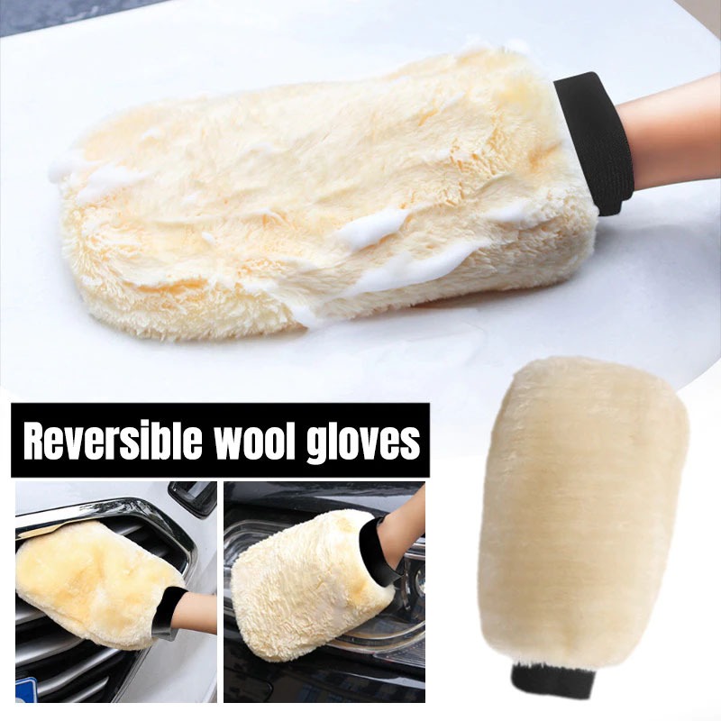 HEXMA ถุงมือล้างรถเต็มมือ 2ด้าน ถุงมือขนแกะ ขนแกะเทียมชนิดขนละเอียด ถุงมือจับ เช็ดแว็กซ์ คละสี