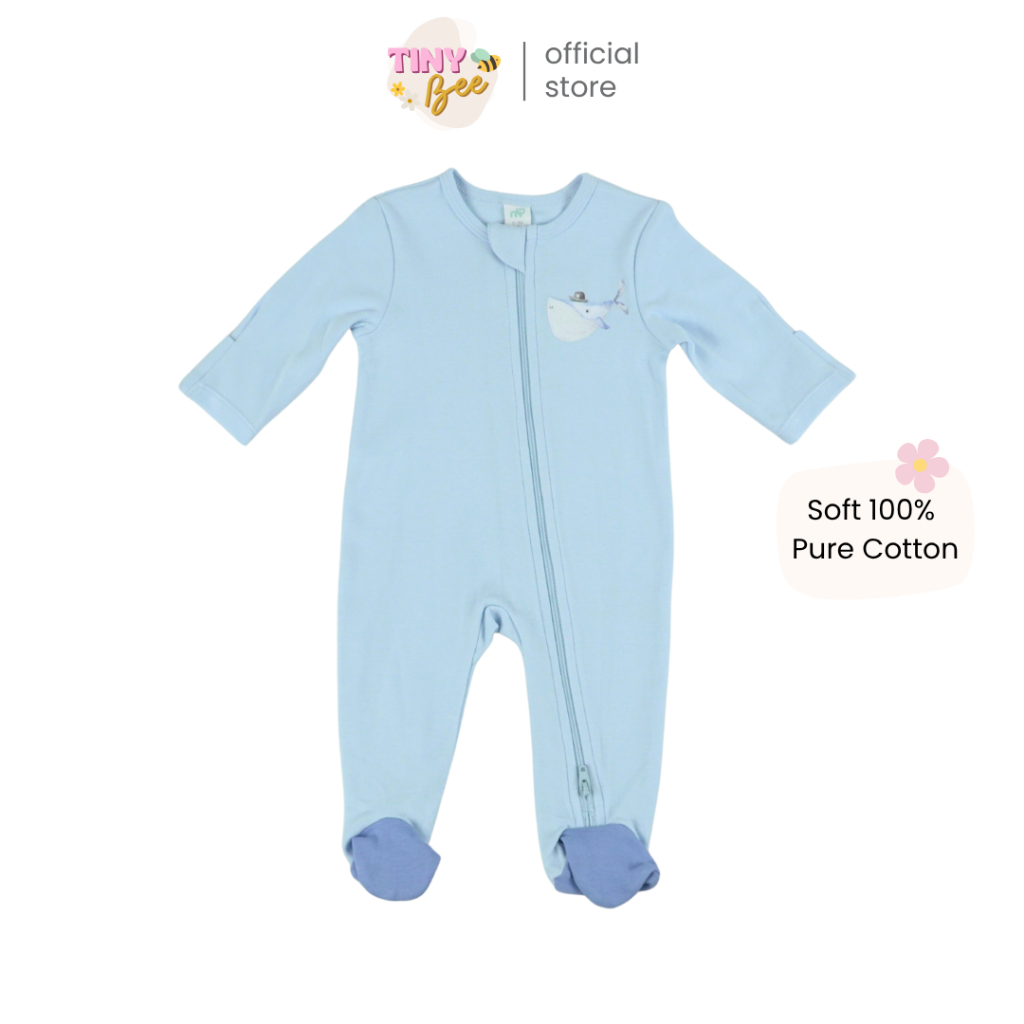 TinyBee ชุดหมีคลุมเท้า บอดี้สูท ซิปสองทาง 2 WAY ZIPPER Sleepsuits ผ้าฝ้าย ลายปลาวาฬ อายุ 0-18 เดือน