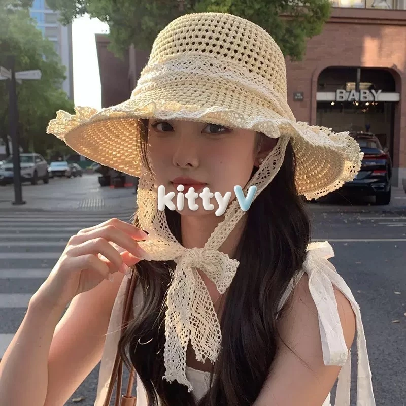 kitty.vogue หมวกยักเก็ต ริบบิ้นลูกไม้ แบบถัก สบายๆ และอเนกประสงค์ สไตล์เกาหลี น่ารักมาก-MK-16