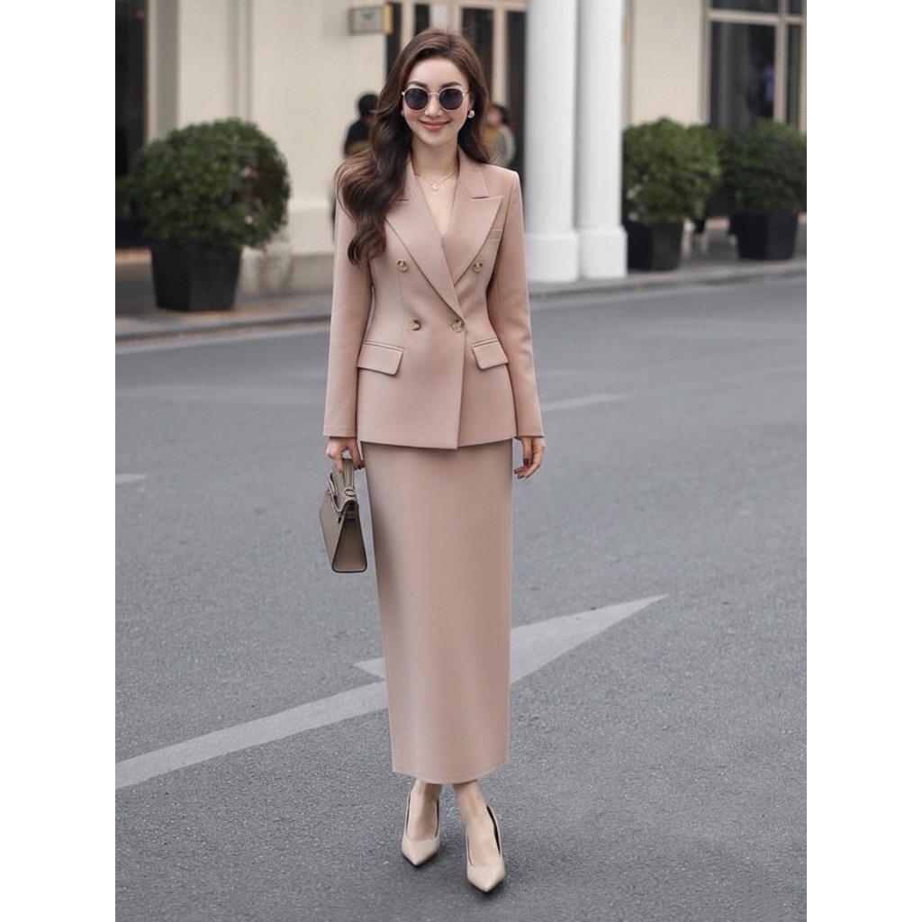 THE CLOSETA : LB425ชุดเซ็ท3ชิ้นเสื้อแขนกุดกระดุมหน้าใส่คู่กระโปรงยาวทรงสอบพร้อมเสื้อสูทแขนยาวเข้าชุด - รูปที่ 2