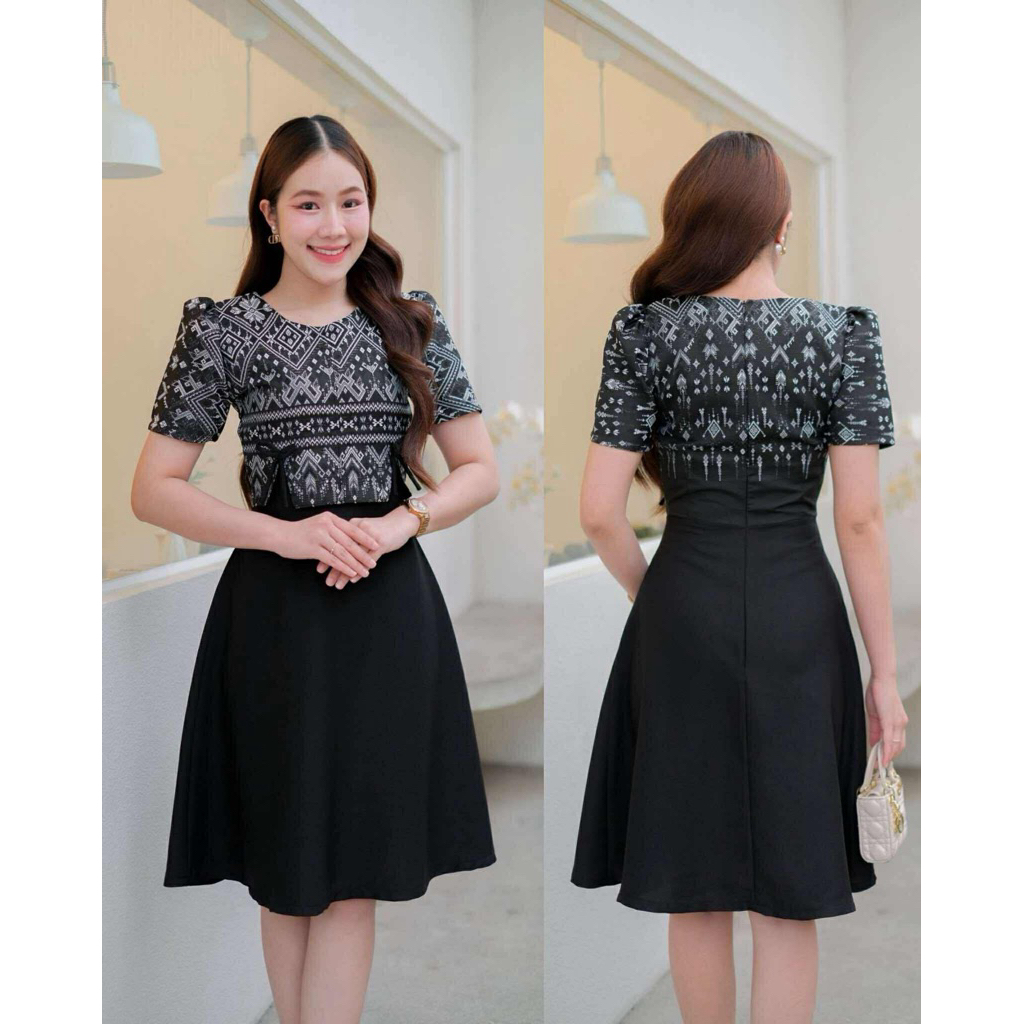 ส่ง 2-4วันชุดผ้าทออัดกาว ลายไทย น่ารักๆ คู่กับกระโปรงบาร์บี้ สวย สดใส เสื้อผ้า ผู้หญิง Women Lady Clothing Dress เดรส