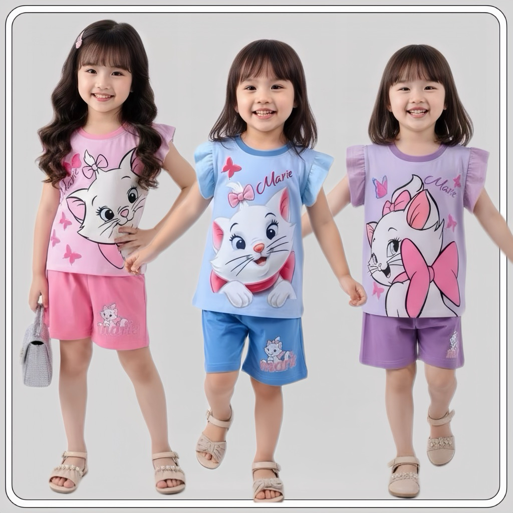 MC107 ชุดเด็กแขนสั้น+กางเกงขาสั้น แมวน้อย แขนระบาย ผ้าไหมนม มีสามสี