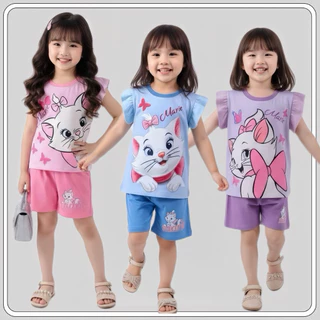 MC107 ชุดเด็กแขนสั้น+กางเกงขาสั้น แมวน้อย แขนระบาย ผ้าไหมนม มีสามสี