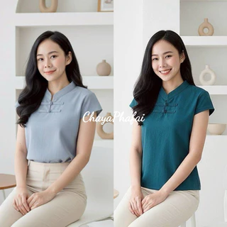 เสื้อผ้าฝ้ายคอจีนเจาะกระดุมขอด แขนเลยไหล่