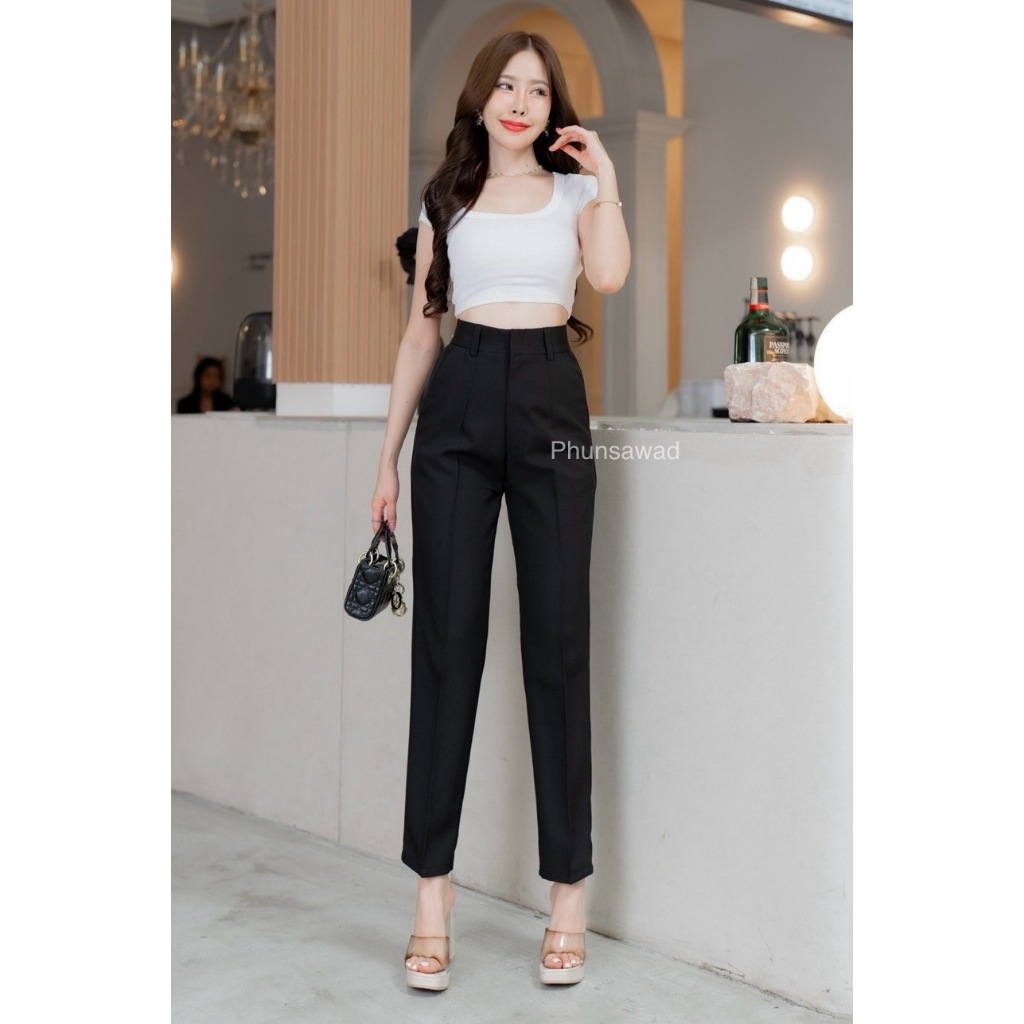 P52 กางเกงขายาวผู้หญิง กางเกงไม่ต้องตัดขา ซิปตะขอหน้า ผ้าโซดาลายลินิน