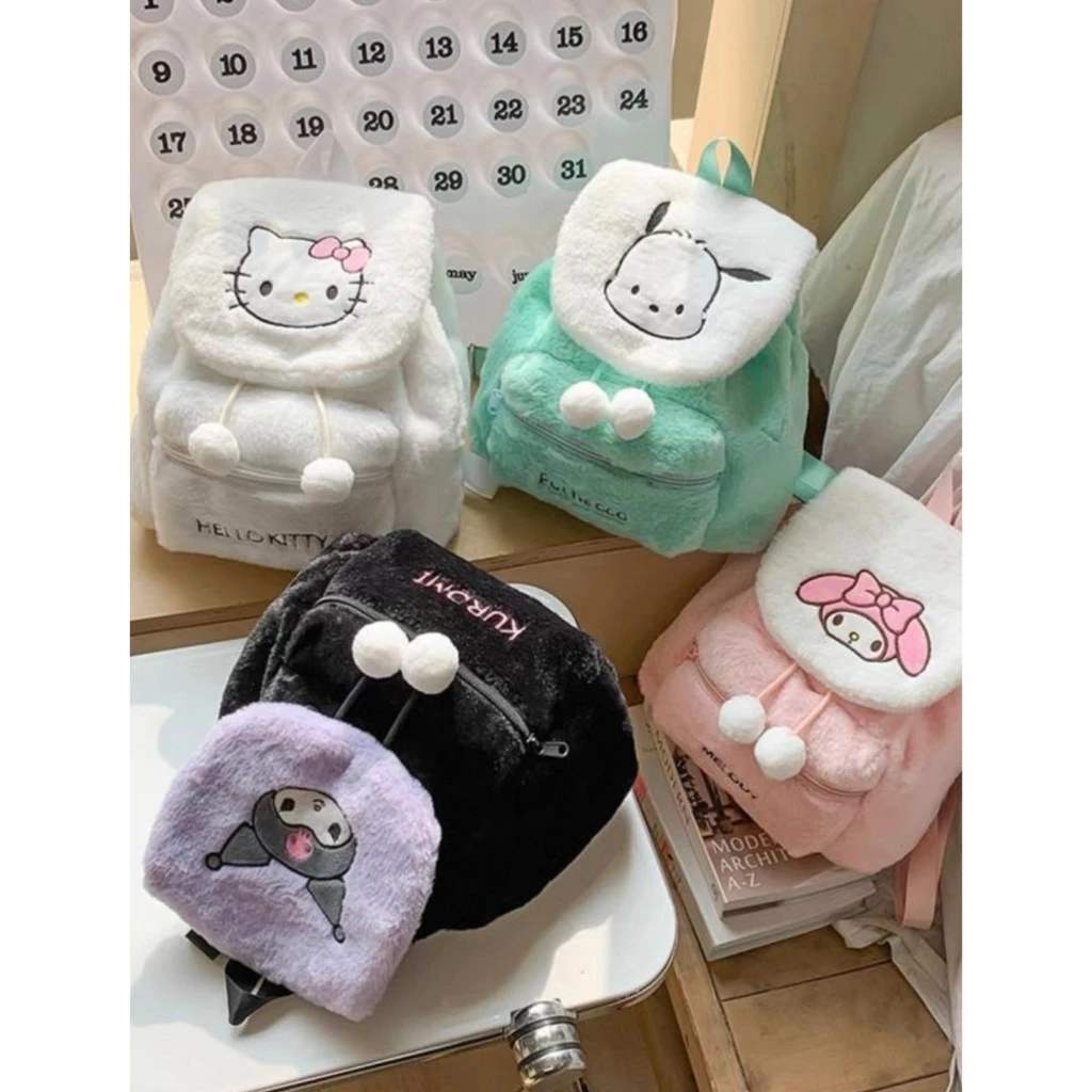 พร้อมส่งCici174 กระเป๋าเป้สะพายหลัง กระเป๋านักเรียน ผ้ากํามะหยี่ขนนิ่ม ลายการ์ตูนคิตตี้ ชินนาม่อนโรล ขนาดใหญ่ จุของได้เย