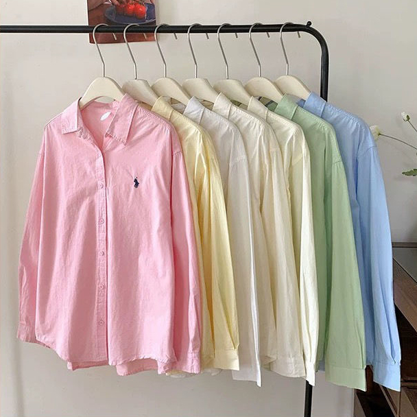 เสื้อเชิ้ตแขนยาวปักลายม้าโพนี่ ยูนิเซ็กส์ ทรงหลวม สีพื้น ไม่ตกสี