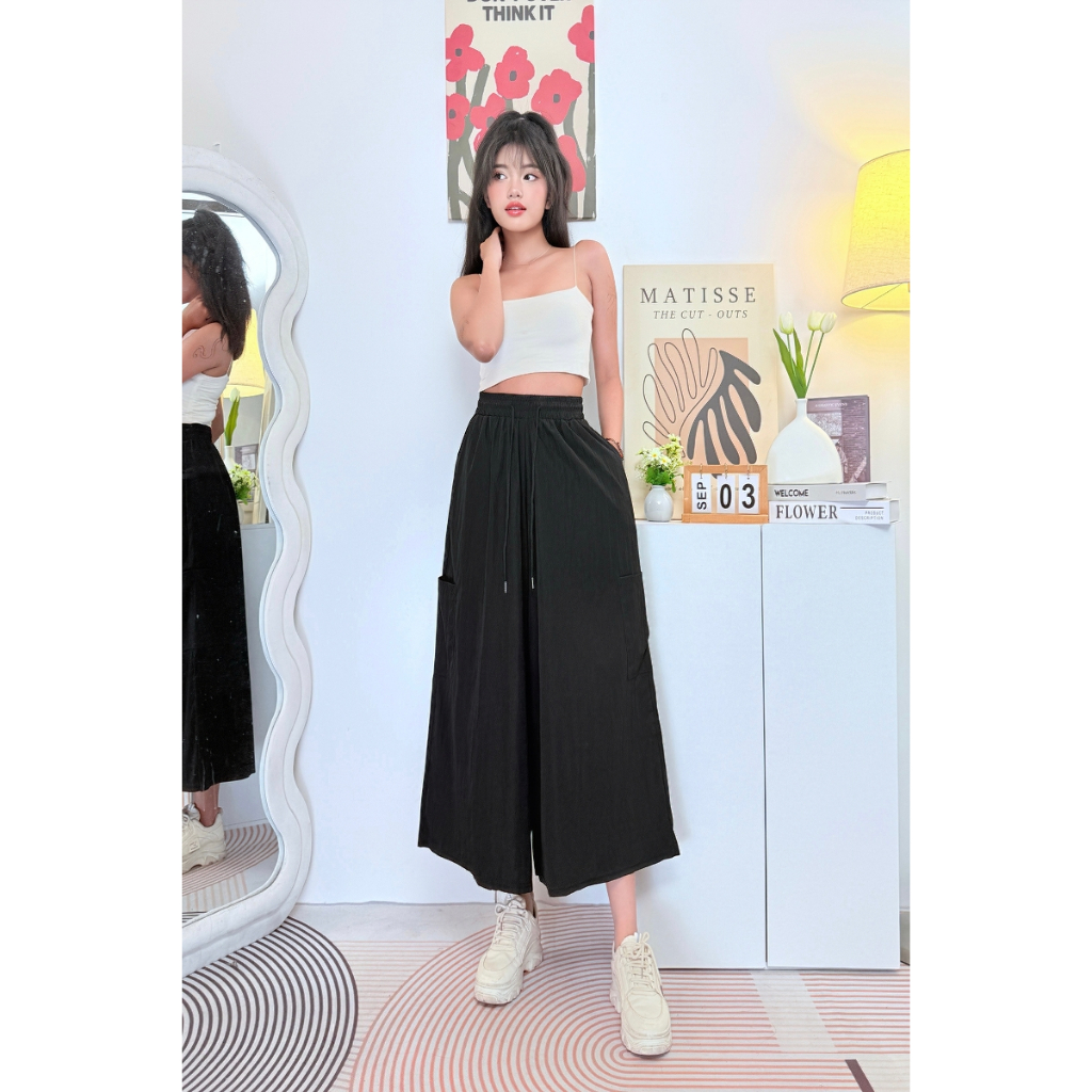 NEW กางเกงขากว้างผู้หญิง ดีไซน์เอวสูง สีเดียว ทันสมัย ใส่สบาย K788