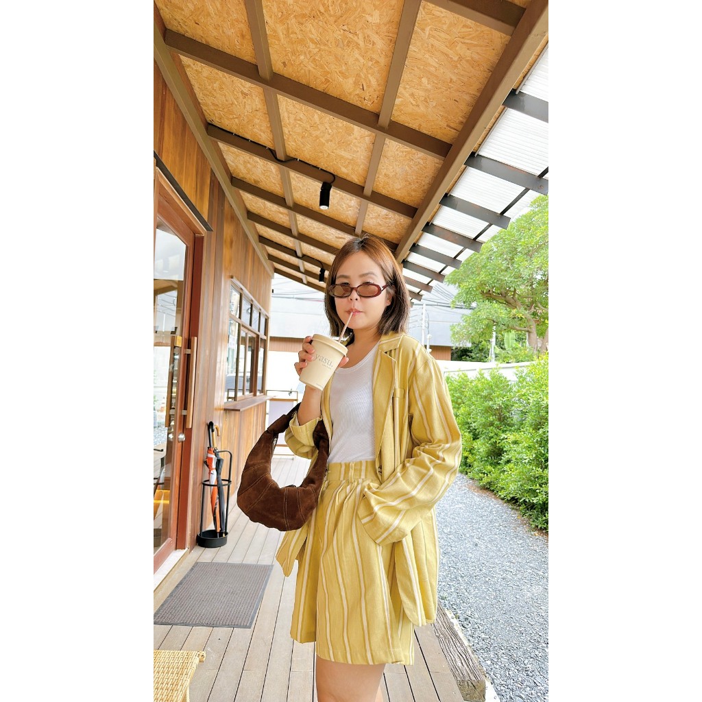 AMCORNER- BLAZER SET ผ้าลินิน (สีเหลือง) เนื้อดี เนื้อผ้าใส่สบาย ไม่คัน ส่งจากไทย