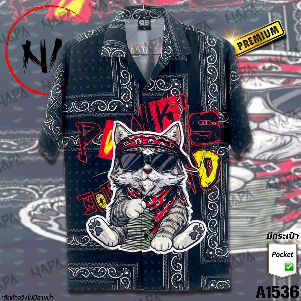 เสื้อฮาวาย แมวโพกหัวพื้นดำผ้าเช็ดหน้า A1536 ผ้าไหมอิตาลีแท้