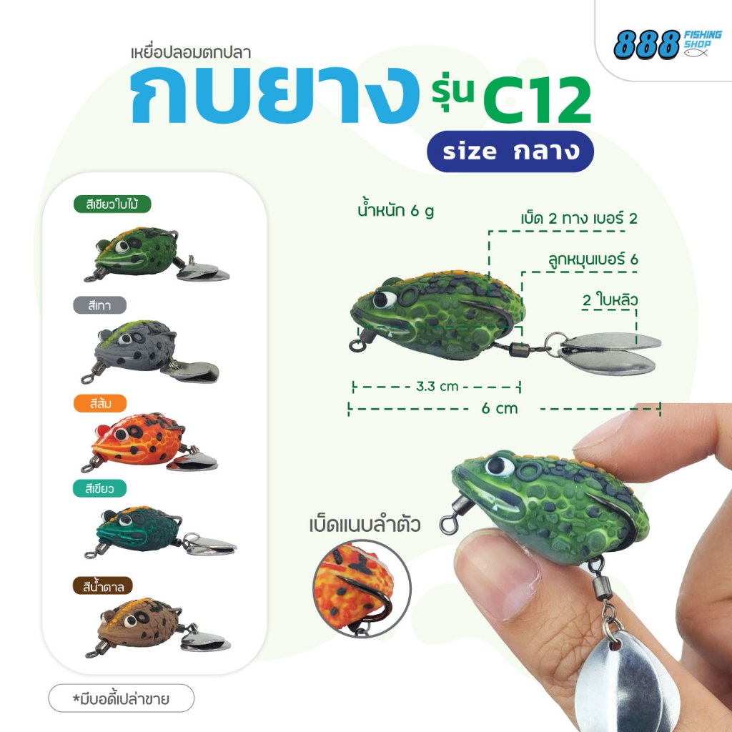 กบยาง candy รุ่น C12 ขนาด 2.8 cm. น้ำหนัก 5 กรัม ตัวเบ็ด 2 ทาง เบอร์ 4 ใบหลิวเดี่ยว กบยางกลับด้าน กบยางแคนดี้