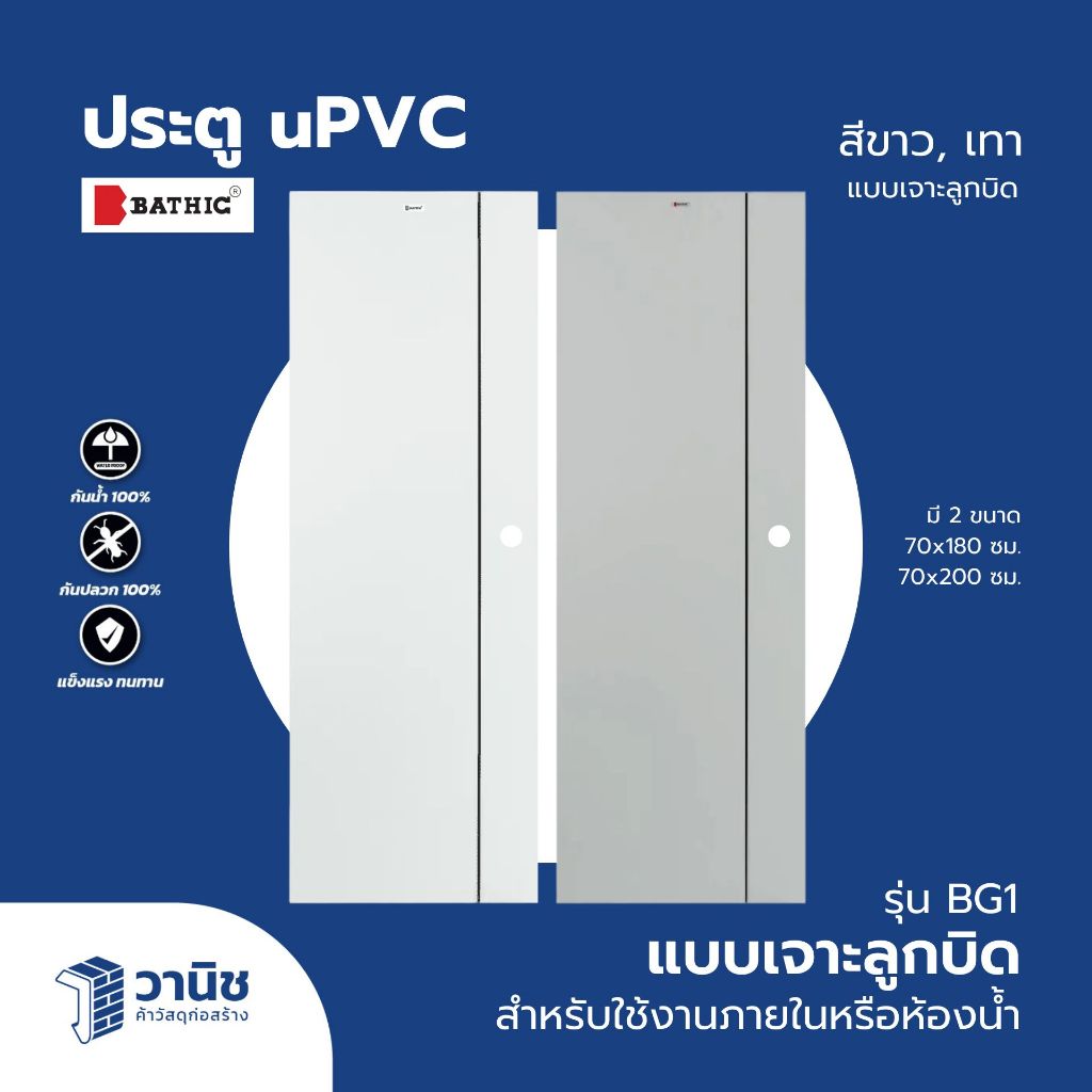 ประตู uPVC Bathic ขนาด 70x180,70x200 ซม. รุ่น BG1 แบบเจาะลูกบิด | กันน้ำ  สำหรับใช้งานภายใน/ห้องน้ำ