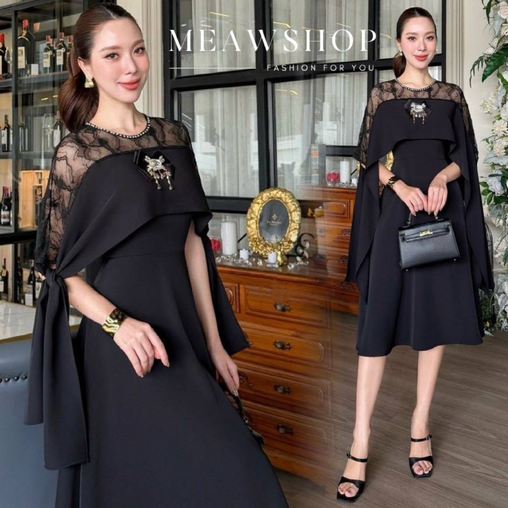 S-3XL เดรสยาวสีดำช่วงคอและไหล่ ตัดด้วยผ้าลูกไม้คอกลม ติดเพชรล้อมรอบ ชุดไว้อาลัย ใส่แล้วผอม ชุดออกงาน