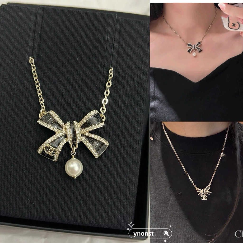 💯  ของแท 25B Chanel สีดำโบว์เคลือบจี้ Rhinestone ปรับสร้อยคอสร้อยคอคอ