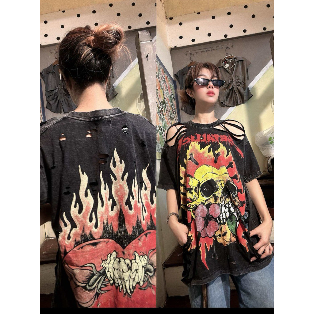 🇹🇭(ลายอัพเดทใหม่ทุกสัปดาห์)เสื้อยืดโอเว่อไซ้ผ้าฟอกลายเสื้อวง