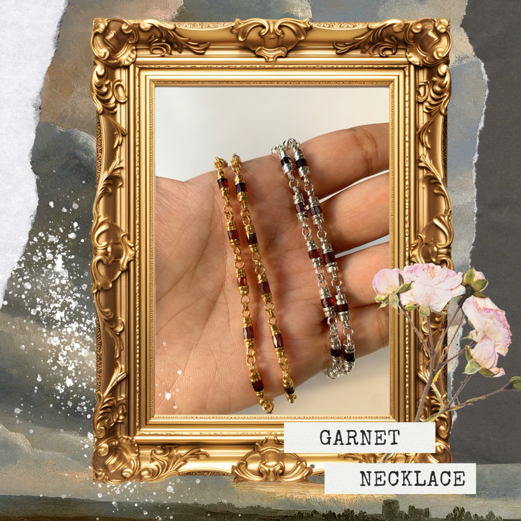 สร้อยคอเงินแท้ 92.5% สร้อยคอฝังพลอยโกเมนแท่งจันทบุรีเจียระไนเป็นแบบปล้องอ้อย