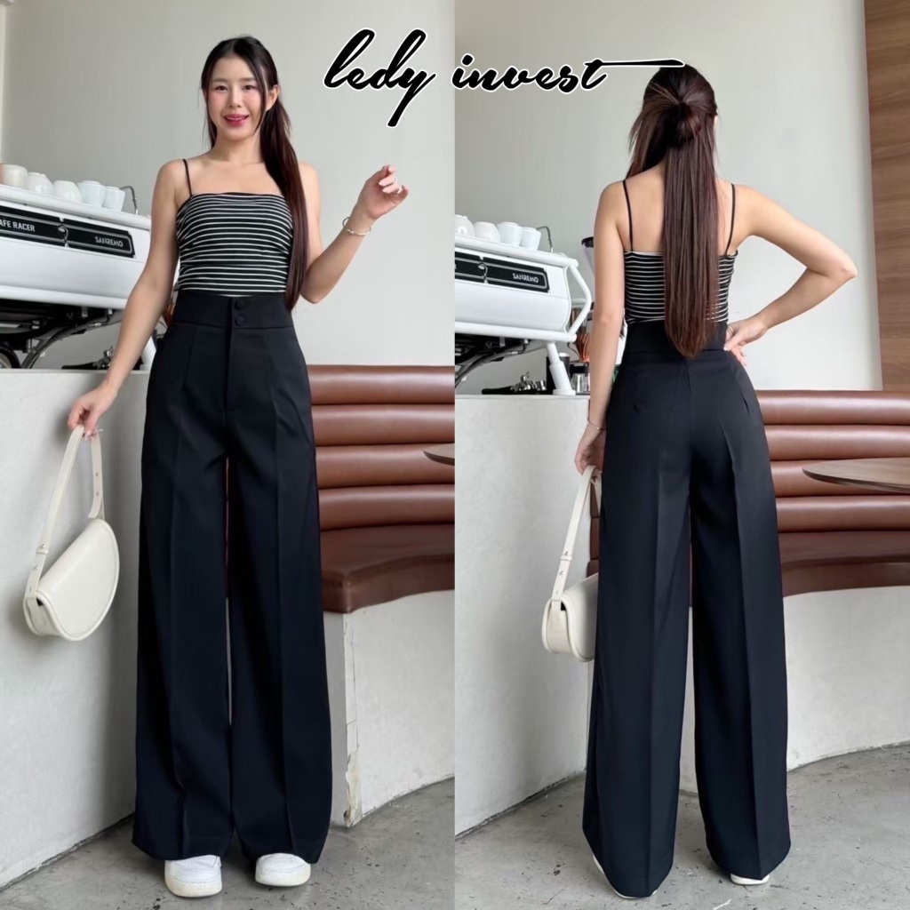Linny กระดุมปั๊มหน้า ทรงกระบอกใหญ่ ผ้าลินลี่พรีเมี่ยม กางเกงทรงกระบอก กางเกงขายาวสีดำ ผู้หญิง ใส่ทำงาน LT31