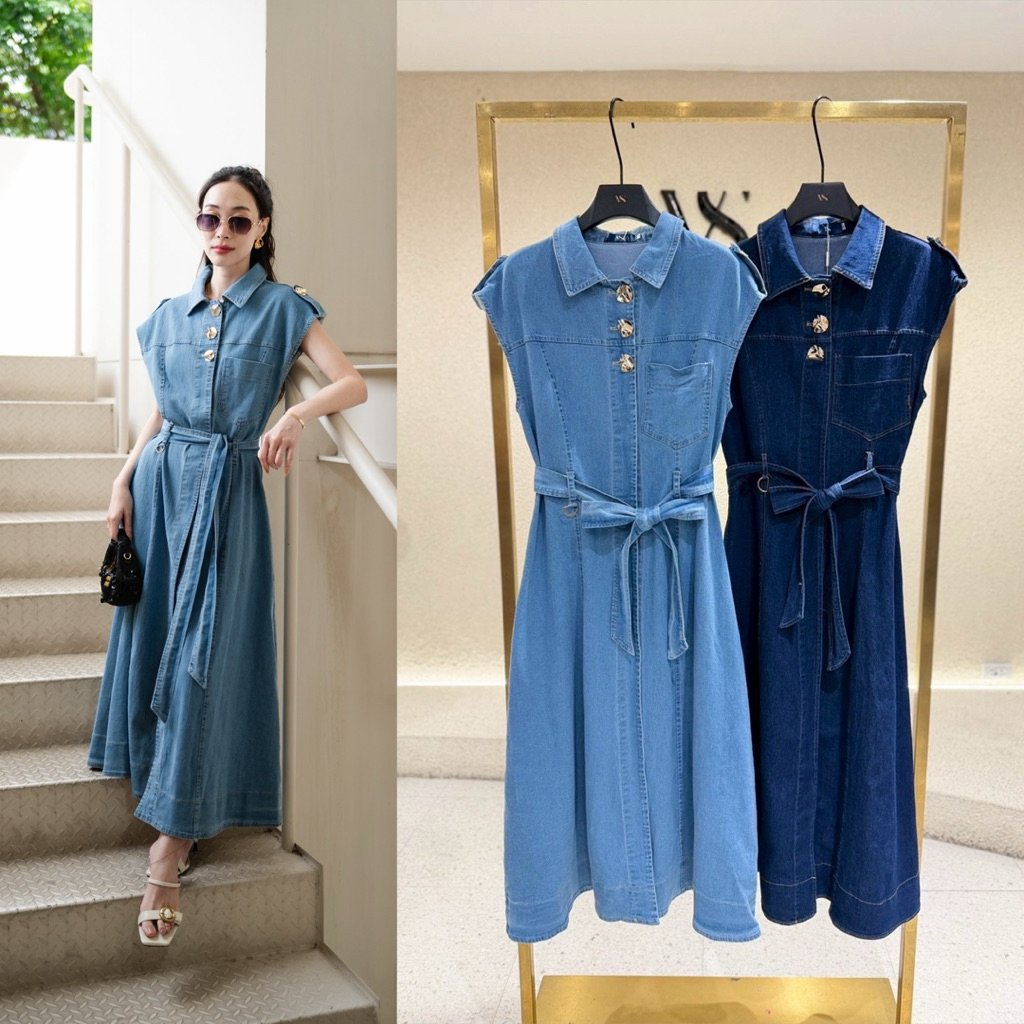 เดรสยีนส์  เดรสยีนส์แขนกุด +เชือกยีนส์ Vshop 8863-7