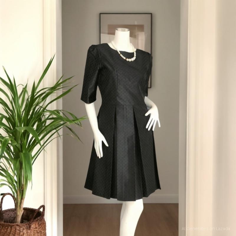 ชุดเดรส ผ้าไหมไทย สีดำ ลายไทย อัดกาว Size S M L (อก 34"-38") ออกงานพิธีได้ค่ะ ชุดไทยประยุกต์ เกรดพรี