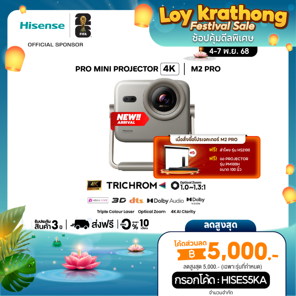(แถมจอ Projector 100" + Sound bar) Hisense M2 PRO | 65”-200” Triple Colour 4K Laser Smart Mini Proje
