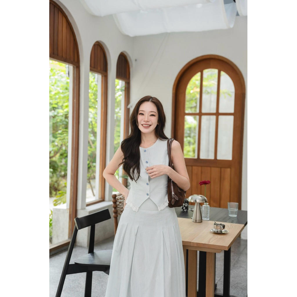 ร181 punpun skirt 🥨 🥐 งานเซ็ทกระโปรงคอตตอนริ้วโทนสีฟ้าครีม