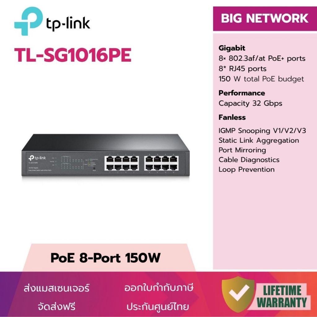 (PoE 8-Port 150W) TP-Link TL-SG1016PE 16 Port Gigabit PoE+ Easy Smart Switch ประกันศูนย์