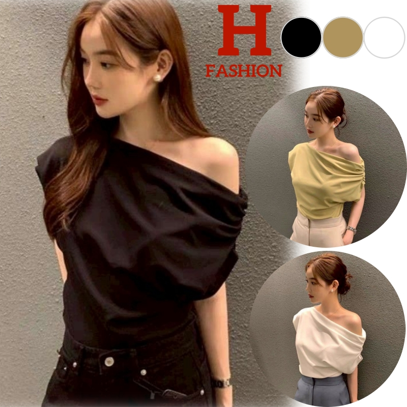 พร้อมส่งจากไทย (FYP13) เสื้อเปิดไหล่แขนสั้น เรียบหรูสไตล์มินิมอล ราคาถูก Shopee Lazada