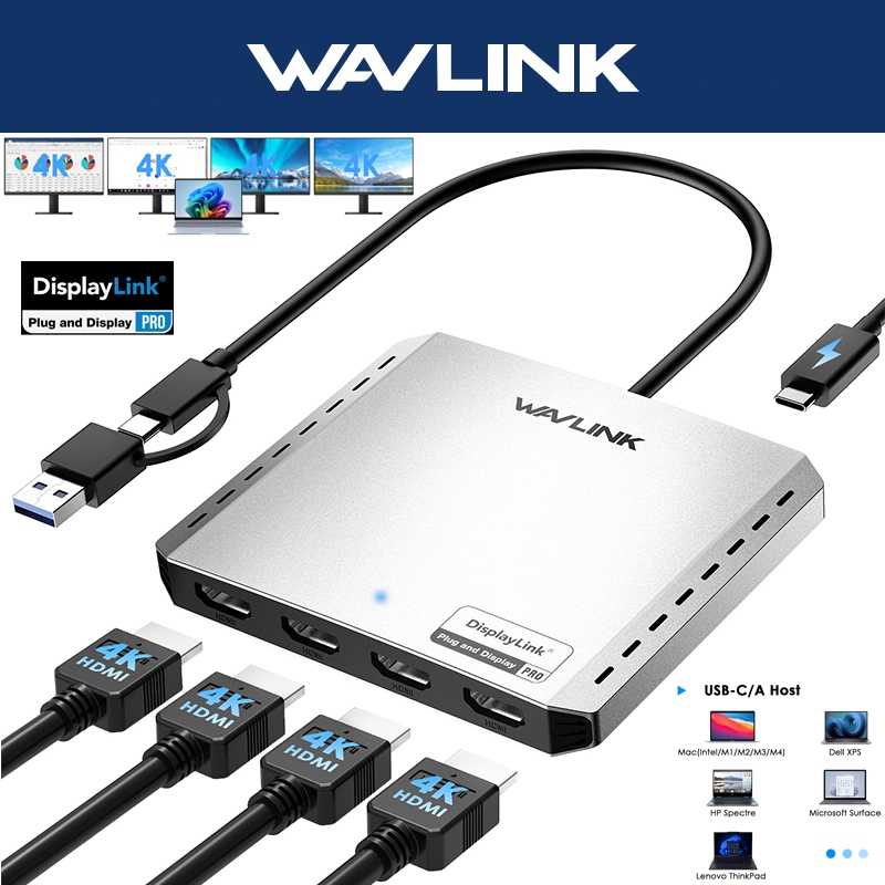 WAVLINK DisplayLink ตัวแปลงสัญญาณหน้าจอแบบสากล Quad 4K@60Hz พร้อมกำลังไฟ 85W สำหรับ Intel/M1/M2/M3/M