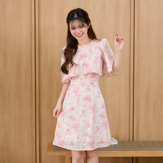 Pixie Camellia Dress (Pink) เดรสปกสองชั้น ผ้าริ้ว โพลีนิ่ม