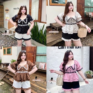 เซ็ตสาวอวบ เสื้อ+กางเกงขาสั้น ลายจุด อก36-46 เอว32-42 สพ50