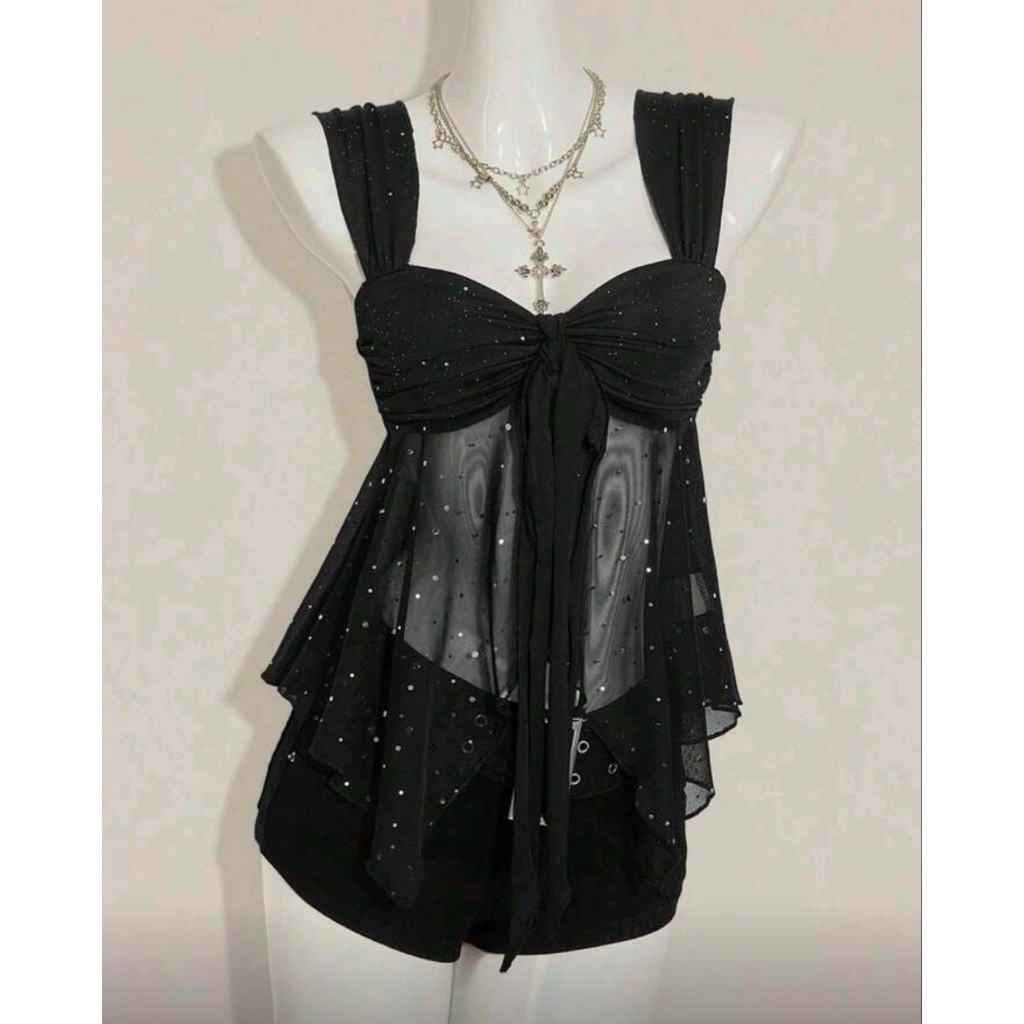 เสื้อสา​ยเดี่ยว​ แต่งกลิต​เตอร์​ ผูกป​มด้าน​หน้า​ ผ้าตา​ข่าย สีดำ​ I พรี​ออเดอร์​