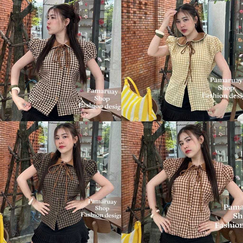 เสื้อครอบคอบัวแขนตุ๊กตาลายตรารางแต่งปกด้วยผ้าพื้น