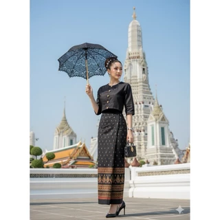 ผ้าถุงสีดำ ผ้าฝ้ายพิมพ์ลายเย็บสำเร็จแบบเชือกผูกเอว ลายสวยๆใส่ทำงาน ใส่ออกงานไว้ทุกข์ได้ค่ะ