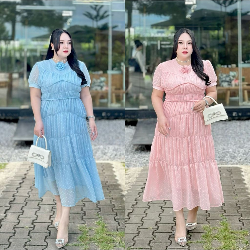 เดรสสาวอวบ ชุดออกงานสาวอวบ ชุดไปงานแต่ง ชุดเดรสสีชมพู อก 42-52 นิ้วv  (722)