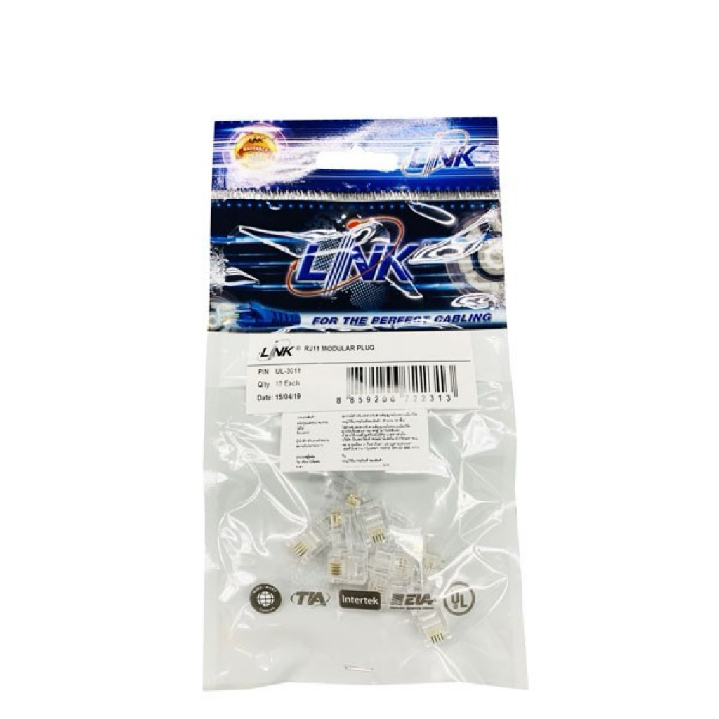 RJ11 Plug Connector ตัวเสียบสายโทรศัพท์ (ผู้) แบบ 4ขา   Registered Jack 11  Link บรรจุ 10ตัว/ถุง