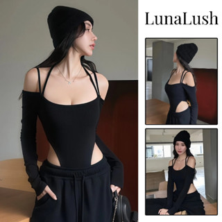 LunaLush✨ชุดบอดี้สูทลําลอง แขนยาว คอปาด ทรงสลิมฟิต สีพื้น เซ…